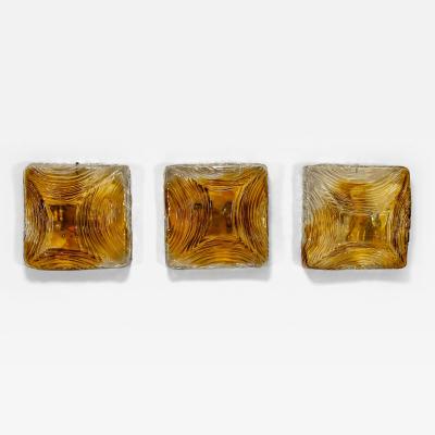 Three Square Amber Murano Glass Wall Sconces Italy 1970s