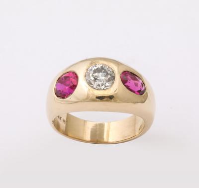 Three Stone Diamond and Natural Ruby Gold Ring