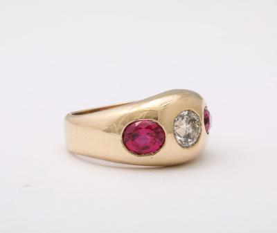 Three Stone Diamond and Natural Ruby Gold Ring