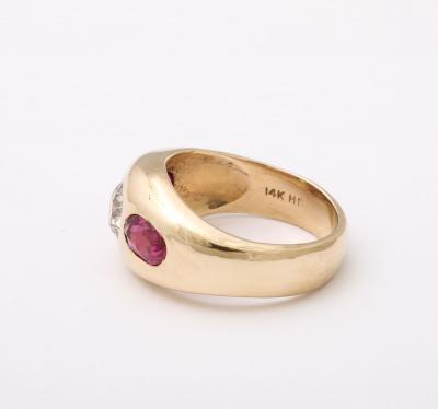 Three Stone Diamond and Natural Ruby Gold Ring