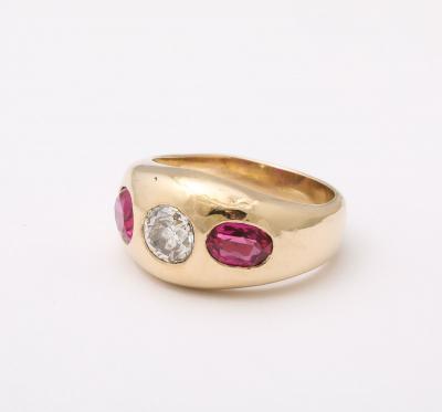 Three Stone Diamond and Natural Ruby Gold Ring