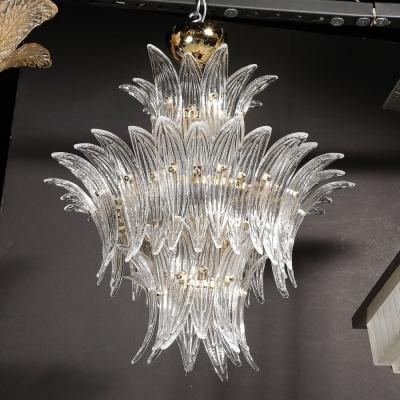 Three Tier Palma Chandelier in Clear Hand Blown Murano Glass and Brass Fittings