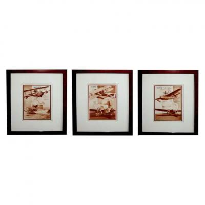 Three Unusual French Sepia Tone Lithographs of 1930s Airplanes