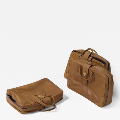 Three Vintage Camel Leather Suitcases Set