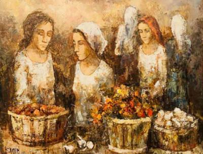 Three Women Farmers Oil on Board Painting Signed by Bunuel and Framed