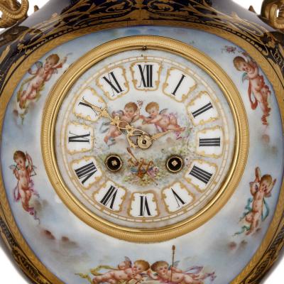 Three piece Louis XV Rococo style porcelain and ormolu clock set