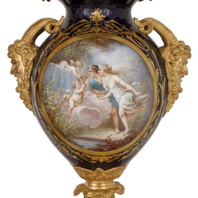 Three piece Louis XV Rococo style porcelain and ormolu clock set