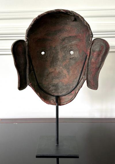 Tibetan Gilt Copper Alloy Mask on Display Stand