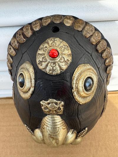 Tibetan Monkey Mask Sculpture with Metal Accents