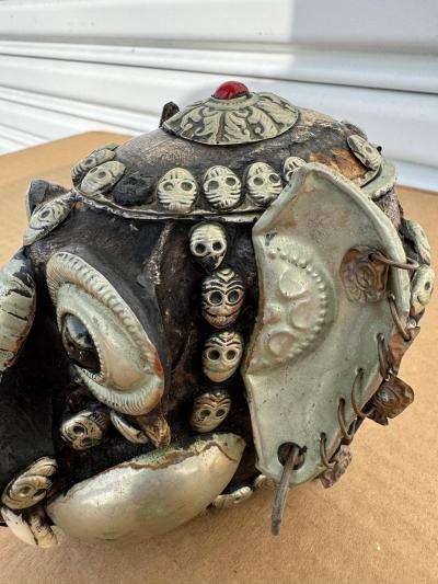 Tibetan Monkey Skull Sculpture with Metal Accents