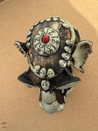 Tibetan Monkey Skull Sculpture with Metal Accents