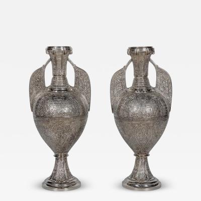 Tiffany Studios A Magnificent Pair of Silvered Bronze Alhambra Vases by Tiffany Studios