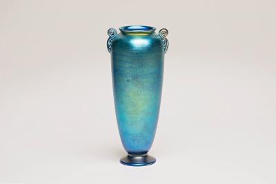 Tiffany Studios Blue Iridescent Favrile Glass Vase with Scroll Handles