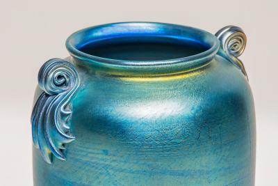 Tiffany Studios Blue Iridescent Favrile Glass Vase with Scroll Handles