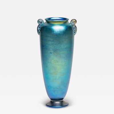 Tiffany Studios Blue Iridescent Favrile Glass Vase with Scroll Handles