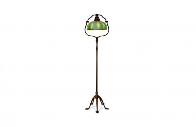 Tiffany Studios Bronze Harp Floor Lamp with Green Damascene Favrile Glass Shade