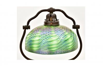 Tiffany Studios Bronze Harp Floor Lamp with Green Damascene Favrile Glass Shade