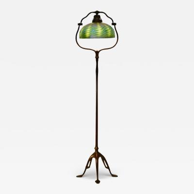 Tiffany Studios Bronze Harp Floor Lamp with Green Damascene Favrile Glass Shade