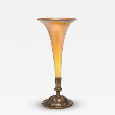 Tiffany Studios Iridescent Gold Favrile Glass and Bronze Base Trumpet Vase
