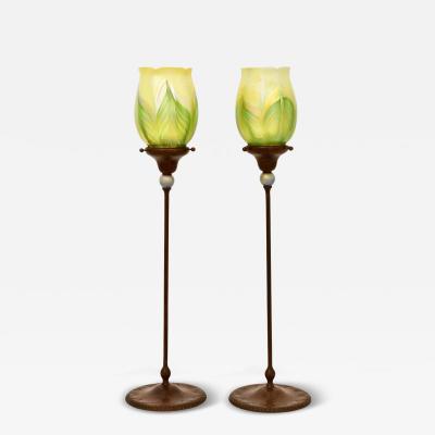 Tiffany Studios Jeweled Candlestick Pulled Feather Favrile Shades