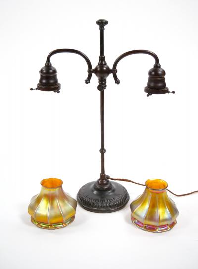 Tiffany Studios New York Signed Bronze Base and Globes Double Student Lamp