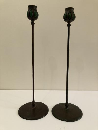 Tiffany Studios Pair Tiffany Studios bronze green favril glass Candlesticks