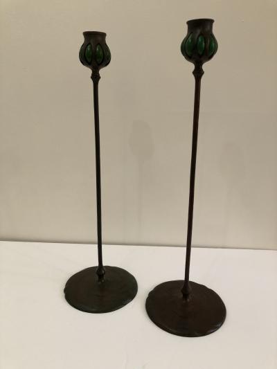 Tiffany Studios Pair Tiffany Studios bronze green favril glass Candlesticks