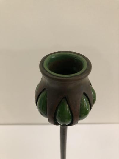 Tiffany Studios Pair Tiffany Studios bronze green favril glass Candlesticks