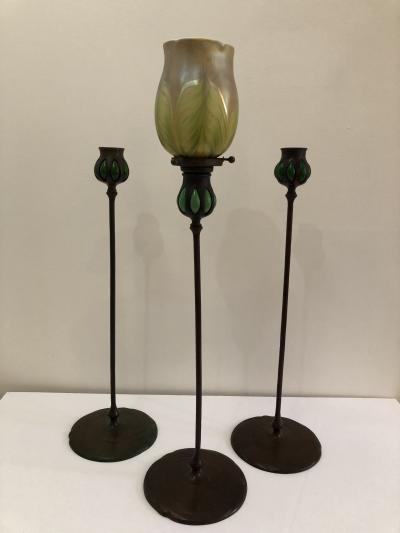 Tiffany Studios Pair Tiffany Studios bronze green favril glass Candlesticks