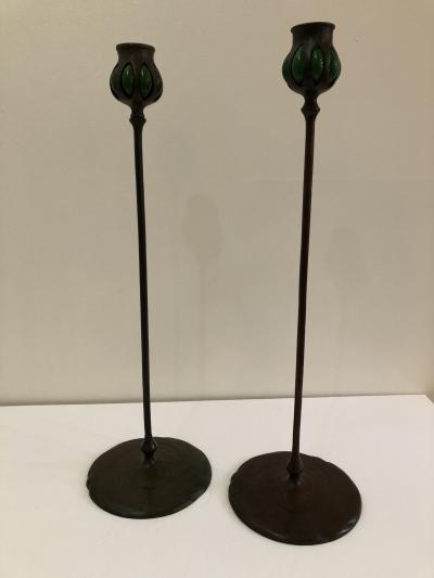 Tiffany Studios Pair Tiffany Studios bronze green favril glass Candlesticks