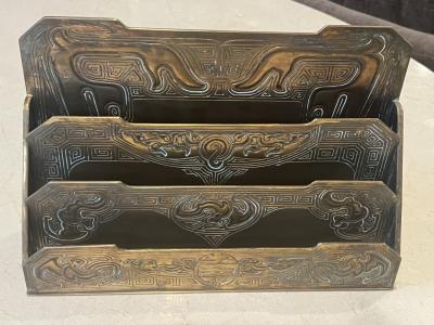 Tiffany Studios TIFFANY STUDIOS CHINESE PATTERN GILT BRONZE 7 PIECE DESK SET