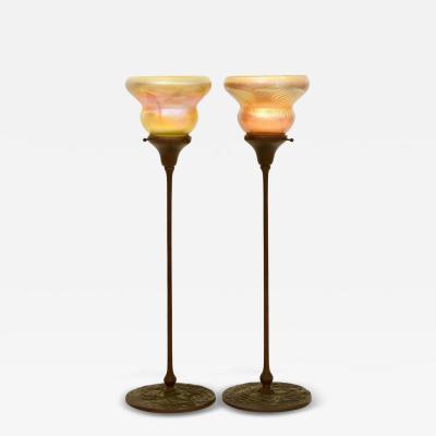 Tiffany Studios Tall Candlesticks with Pulled Feather Shades Circa 1910 