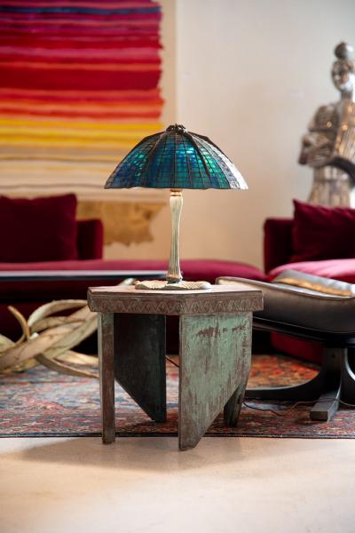 Tiffany Studios Tiffany Studios Attr Spider Web Lamp in Patinated Bronze with Blue Stained Glass