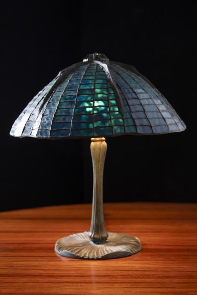 Tiffany Studios Tiffany Studios Attr Spider Web Lamp in Patinated Bronze with Blue Stained Glass