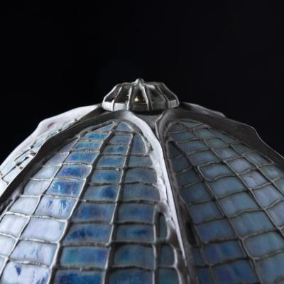 Tiffany Studios Tiffany Studios Attr Spider Web Lamp in Patinated Bronze with Blue Stained Glass