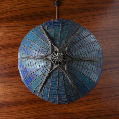Tiffany Studios Tiffany Studios Attr Spider Web Lamp in Patinated Bronze with Blue Stained Glass
