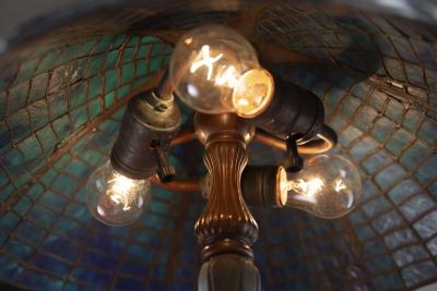 Tiffany Studios Tiffany Studios Attr Spider Web Lamp in Patinated Bronze with Blue Stained Glass