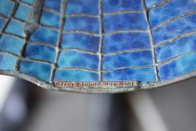 Tiffany Studios Tiffany Studios Attr Spider Web Lamp in Patinated Bronze with Blue Stained Glass