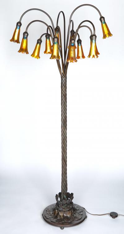 Tiffany Style Bronze Twelve Light Floor Lamp with Charles Lotton Art Glass Shade
