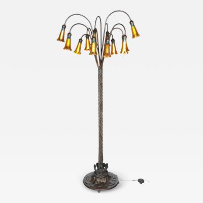 Tiffany Style Bronze Twelve Light Floor Lamp with Charles Lotton Art Glass Shade