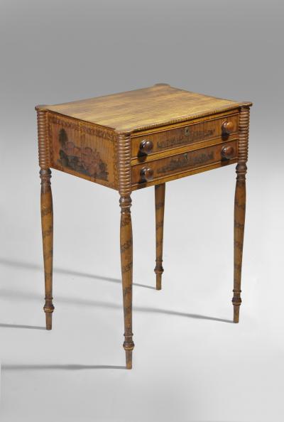 Tiger Maple Paint Decorated Two Drawer Stand