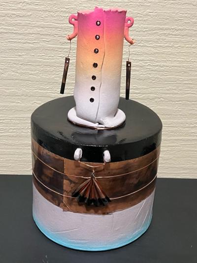 Tim Reilly UNUSUAL POST MODERN CERAMIC VASE WITH METAL ACCENTS