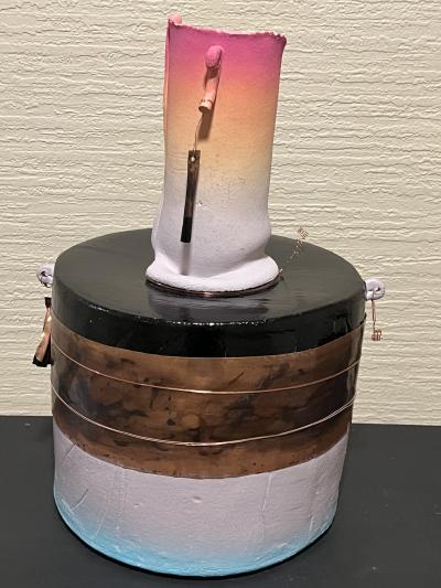 Tim Reilly UNUSUAL POST MODERN CERAMIC VASE WITH METAL ACCENTS