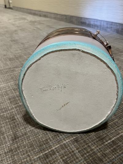 Tim Reilly UNUSUAL POST MODERN CERAMIC VASE WITH METAL ACCENTS