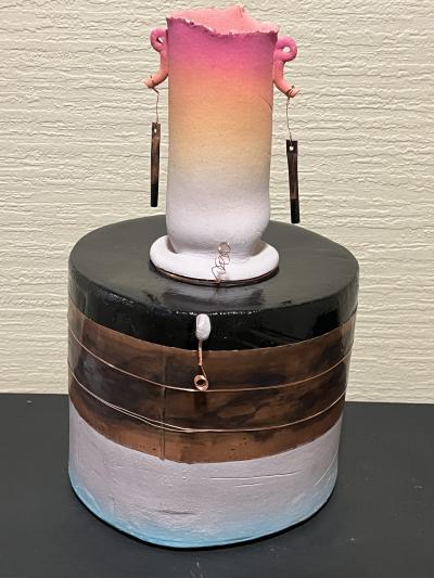 Tim Reilly UNUSUAL POST MODERN CERAMIC VASE WITH METAL ACCENTS