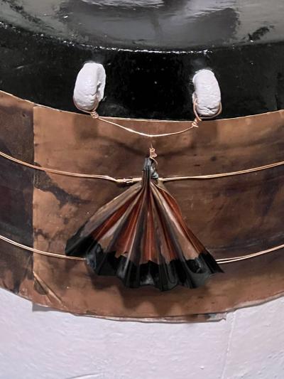 Tim Reilly UNUSUAL POST MODERN CERAMIC VASE WITH METAL ACCENTS