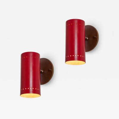 Tito Agnoli Pair of 1960s Tito Agnoli Red and Brass Articulating Sconces for O Luce