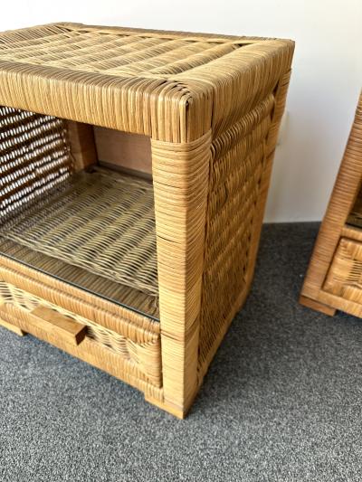 Tito Agnoli Pair of Rattan Bedside Tables by Tito Agnoli Italy 1970s
