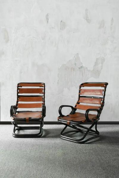 Tito Agnoli Pair of Tito Agnoli Bamboo Armchairs with Leather Strap Seats Italy 1960