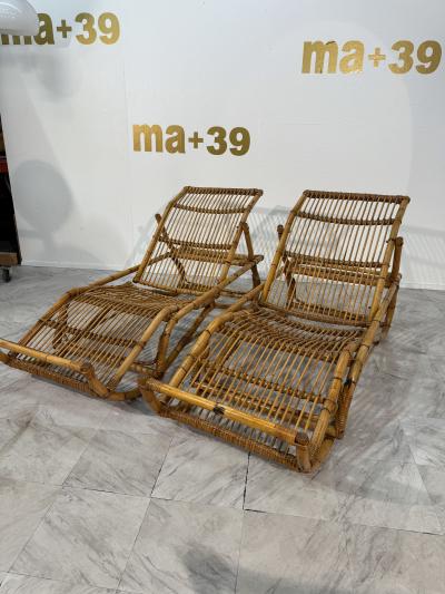 Tito Agnoli Pair of Tito Agnoli Rattan Chaise Lounges Italy 1970s